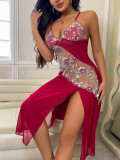 Lace See-Through Strap Temptation Slit Long Dress Irregular Embroidery Plus Size Nightdress