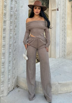 Women's Off Shoulder Irregular Long Sleeve Top Casual Knitted Pants Two Piece Set