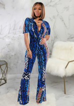 Sexy Fashion Printing Short Sleeve Bell Bottom Jumpsuit
