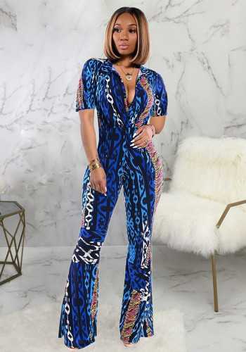 Sexy Fashion Printing Short Sleeve Bell Bottom Jumpsuit