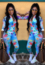 Autumn Printed Stripes Zipper Sports Two Piece Pants Set