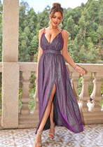 Deep V Neck Strap Backless Slit Long Dress