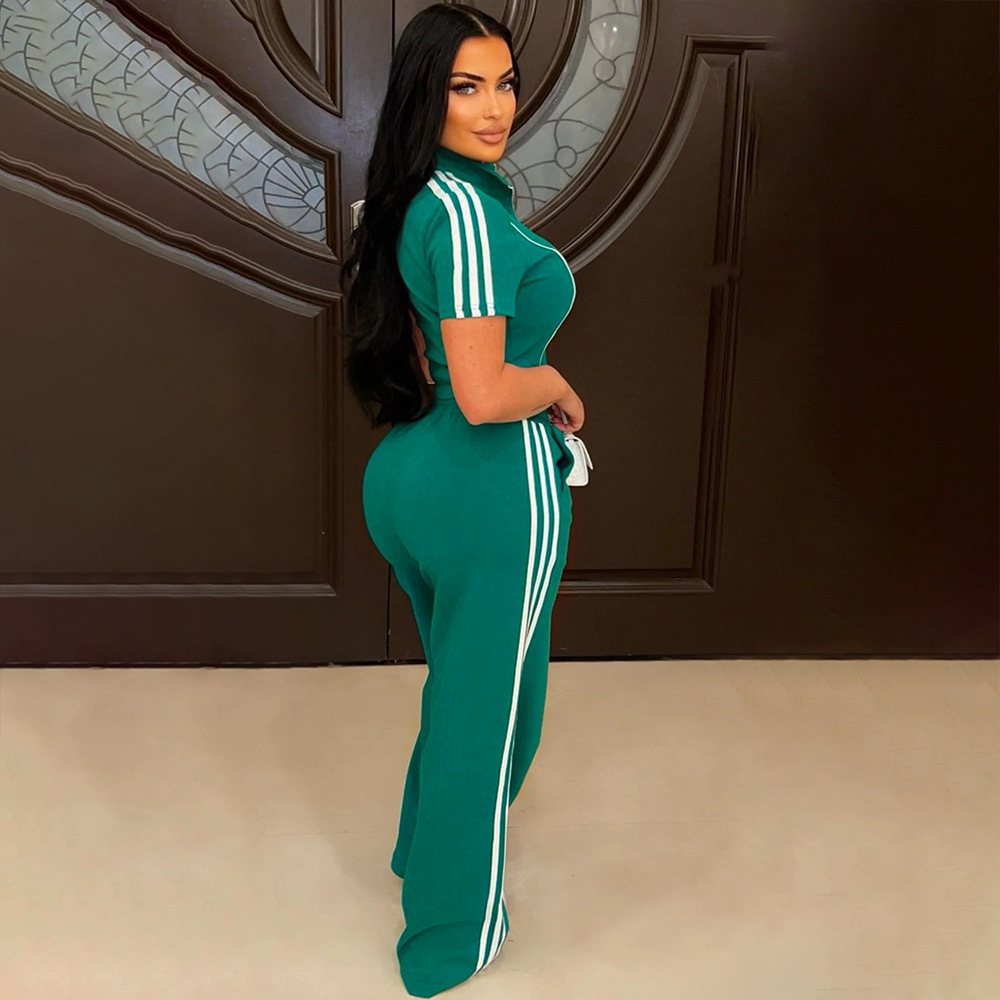 Fashion Women Zipper Short Sleeve Short Top Loose Pants Casual Two-Piece Set