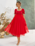Summer Women's Square Neck Puff Sleeve Mesh Covered Maternity Dress