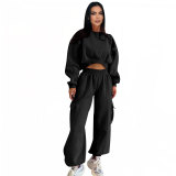 Women's Autumn Round Neck High Waist Hoodies Pocket Loose Sweatpants Suit