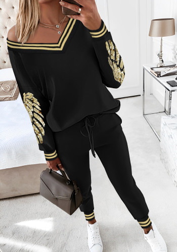 Autumn Winter Women V-Neck Long Sleeve Top Pocket Pants Casual Two-Piece Set
