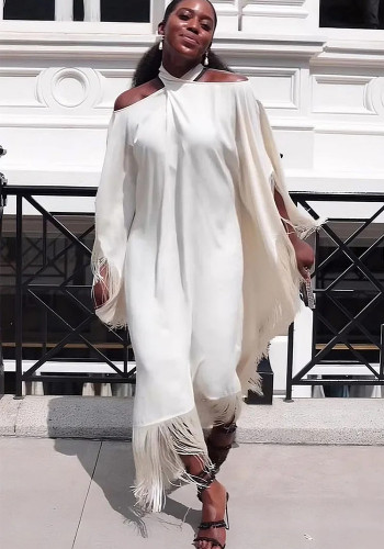 Women's Casual Solid Color Tassel Loose Long Dress