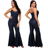 Sexy Fashion Straps Strap Stripes Bell Bottom Women's Jumpsuit