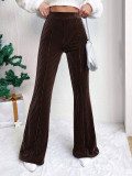 Autumn Winter Women High Waist Corduroy Bell Bottom Pants Solid Color Casual Wide-Leg Long Sweatpants
