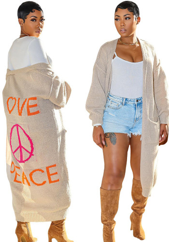 Women's Sweater Coat Autumn Winter Casual Letter Embroidered Long-Sleeved Cardigan