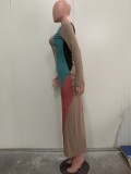 Women's Fashion Multi-Color Patchwork Long-Sleeved Ribbed Casual Dress