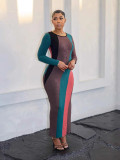 Women's Fashion Multi-Color Patchwork Long-Sleeved Ribbed Casual Dress