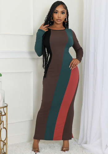 Women's Fashion Multi-Color Patchwork Long-Sleeved Ribbed Casual Dress
