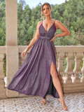 Deep V Neck Strap Backless Slit Long Dress