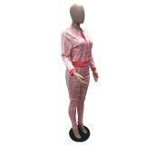 Autumn Printed Stripes Zipper Sports Two Piece Pants Set