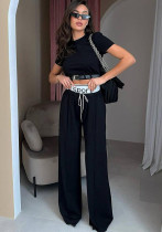 Fashion Short-Sleeved Women's Spring Crop Belt Decorative Top Wide Waist Sweatpants Two-Piece Set Fashion Short-Sleeved Women's Spring Crop Belt Decorative Top Wide Waist Sweatpants Two-Piece Set