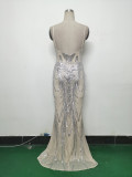 Women Fishbone Sequin Positioning Flower Evening Dress