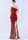 Women Ostrich Feather Beaded Sequin One Shoulder Slash Shoulder Slit Evening Dress