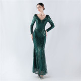 Women Positioning Flower Beaded Long Sleeve Evening Dress