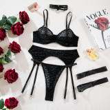 Women Leopard Black Mesh Suspender Underwire Sexy Lingerie Set