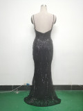 Women Fishbone Sequin Positioning Flower Evening Dress