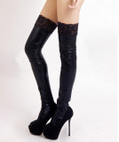 Women Pu-Leather Black Lace Sexy Lingerie Elastic Stockings