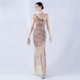 Women Gradient Velvet Bottom Beaded Ostrich Feather One Shoulder Slash Shoulder Slit Evening Dress