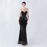 Women Fishbone Sequin Positioning Flower Evening Dress