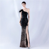 Women Gradient Velvet Bottom Beaded Ostrich Feather One Shoulder Slash Shoulder Slit Evening Dress