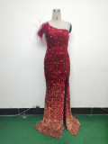 Women Gradient Velvet Bottom Beaded Ostrich Feather One Shoulder Slash Shoulder Slit Evening Dress