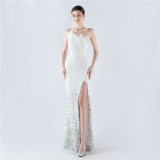 Women Ostrich Feather Beaded Sequin One Shoulder Slash Shoulder Slit Evening Dress
