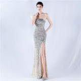Women Gradient Velvet Bottom Beaded Ostrich Feather One Shoulder Slash Shoulder Slit Evening Dress