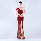 Women Gradient Velvet Bottom Beaded Ostrich Feather One Shoulder Slash Shoulder Slit Evening Dress
