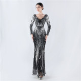 Women Positioning Flower Beaded Long Sleeve Evening Dress