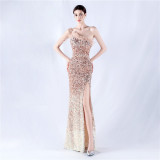 Women Ostrich Feather Beaded Sequin One Shoulder Slash Shoulder Slit Evening Dress