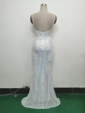 Women Fishbone Sequin Positioning Flower Evening Dress