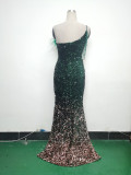 Women Ostrich Feather Beaded Sequin One Shoulder Slash Shoulder Slit Evening Dress