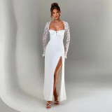 Women Sexy Lace Long Sleeve Patchwork Slit Dress