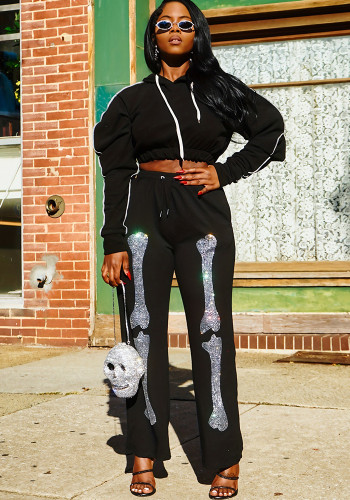Women Casual Hoodies Beaded Two Piece Set of Trousers