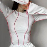Women Round Neck Bell Bottom Sleeve Ribbed Top Long Sleeve T-shirt
