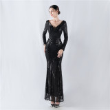 Women Positioning Flower Beaded Long Sleeve Evening Dress