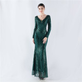 Women Positioning Flower Beaded Long Sleeve Evening Dress