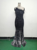 Women Ostrich Feather Beaded Sequin One Shoulder Slash Shoulder Slit Evening Dress