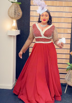 Plus Size African Women Autumn Lace Patchwork Sequins Dress