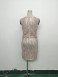 Women Tassel Sequin Halter Neck Beaded Evening Dress