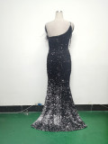 Women Ostrich Feather Beaded Sequin One Shoulder Slash Shoulder Slit Evening Dress