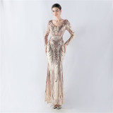 Women Positioning Flower Beaded Long Sleeve Evening Dress
