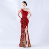 Women Ostrich Feather Beaded Sequin One Shoulder Slash Shoulder Slit Evening Dress