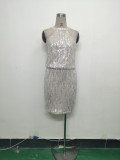 Women Tassel Sequin Halter Neck Beaded Evening Dress