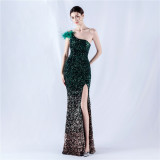 Women Gradient Velvet Bottom Beaded Ostrich Feather One Shoulder Slash Shoulder Slit Evening Dress